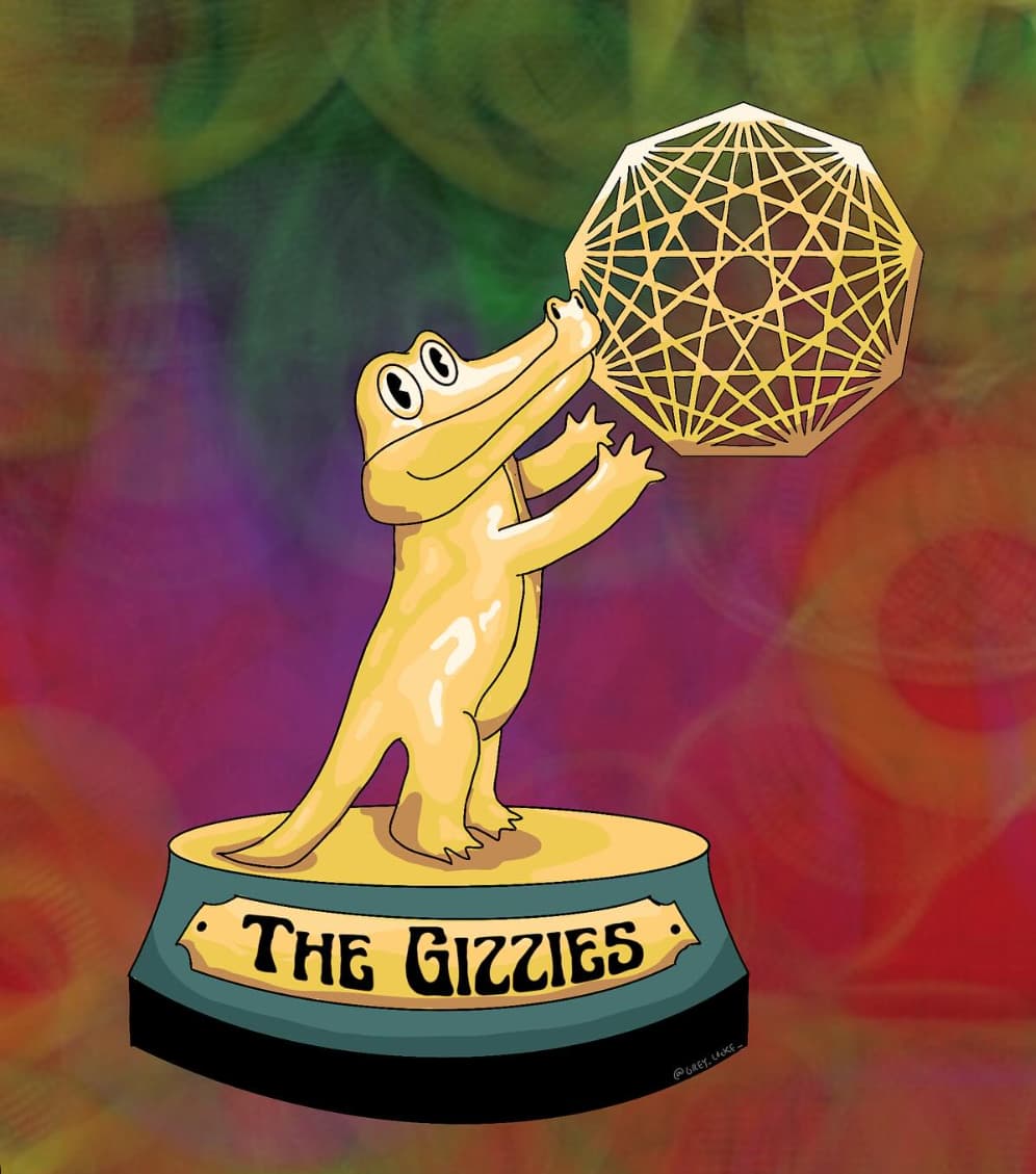 Gizzies award trophy: a golden gator holding aloft a golden nonagon, standing on a plinth with a plaque reading "The Gizzies", art by greylocke